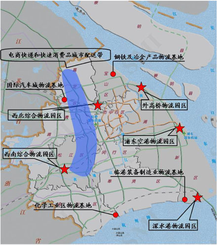 重點(diǎn)物流園區(qū)、重點(diǎn)制造業(yè)物流基地、城市特色配送物流帶布局示意